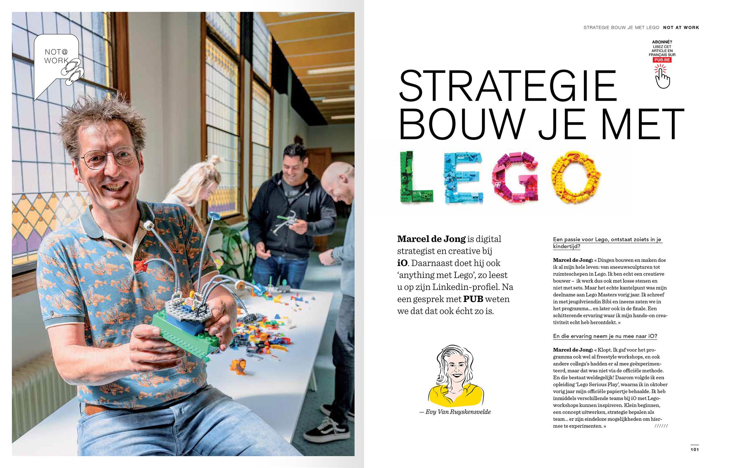 Marcel de Jong in pub.be magazine waarin hij vertelt over hoe hij werk en workshops met LEGO® bouwstenen combineert